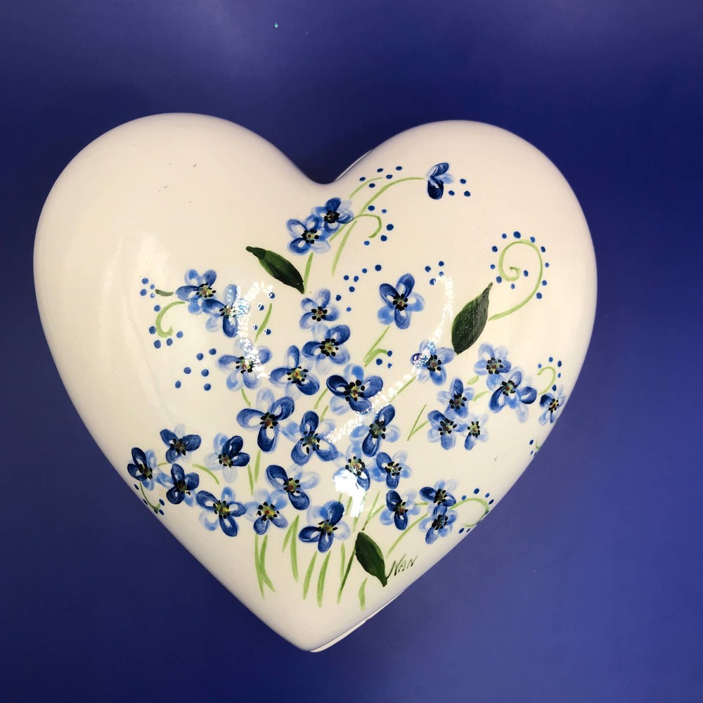 Large Ceramic Heart Trinket Box w Field of Blue Flowers 5 1/4” x 5 1/4” Signed